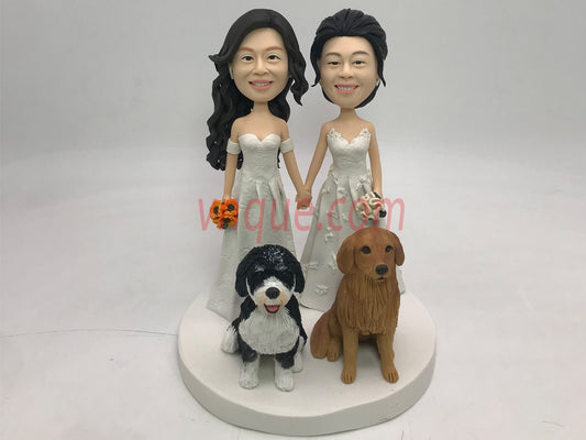 Gay Wedding Toppers,2 bride cake topper,Custom bobblehead,gay cake topper,lesbian bobble head,gay cake with dogs,gay wedding