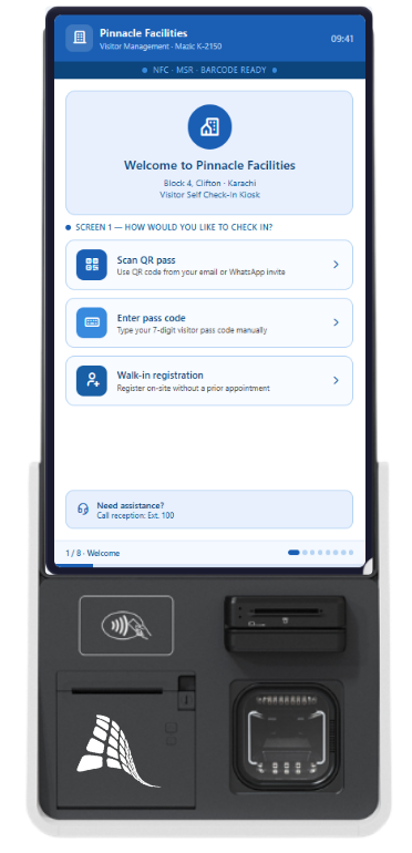 VnQue VMS kiosk screen interface – Self-check-in terminal display Pakistan UAE