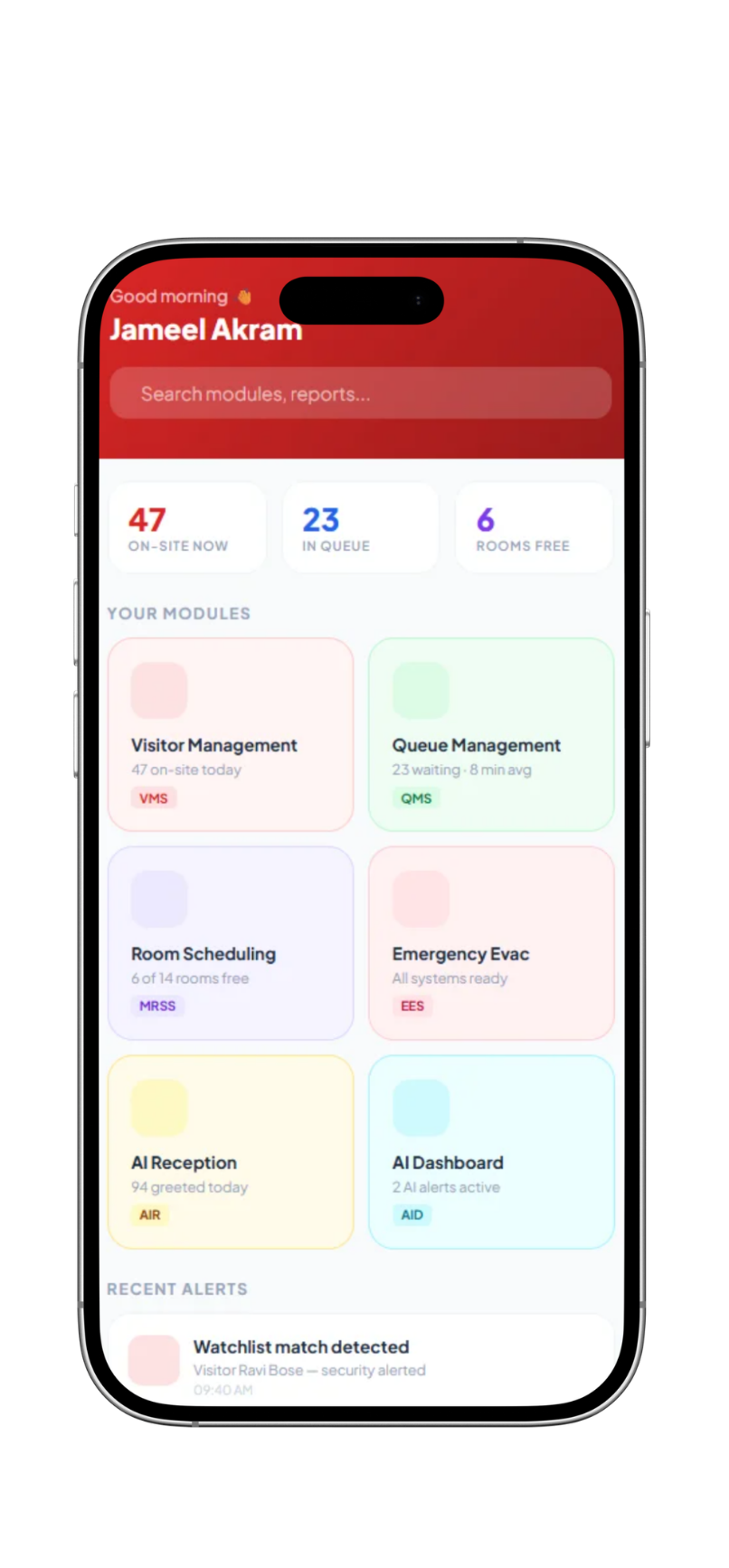 VnQue mobile app dashboard overview – Facility KPIs on smartphone Pakistan UAE
