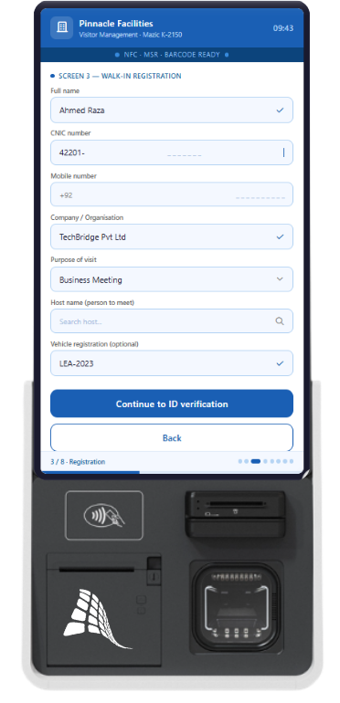 VnQue VMS tablet interface – Reception staff check-in view Pakistan UAE