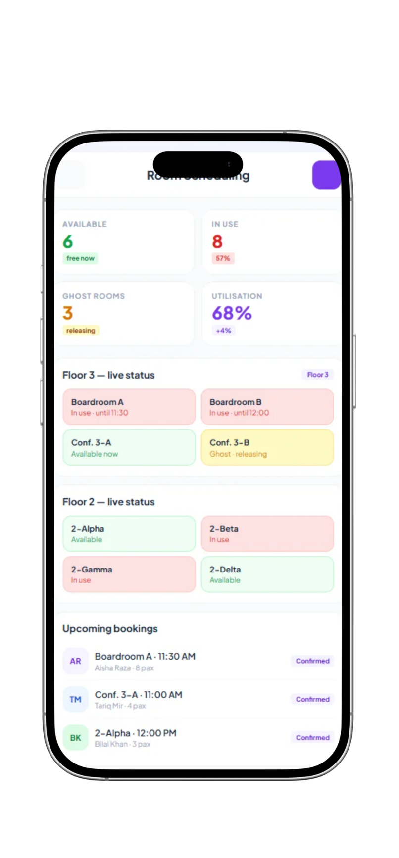VnQue room management mobile app – Meeting room booking on smartphone Pakistan UAE