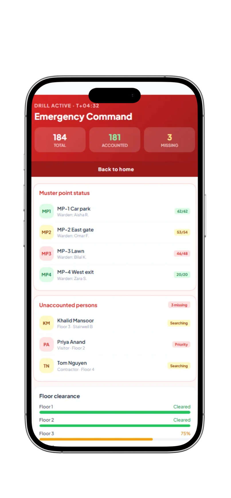 VnQue emergency evacuation mobile app – Warden zone assignment Pakistan UAE