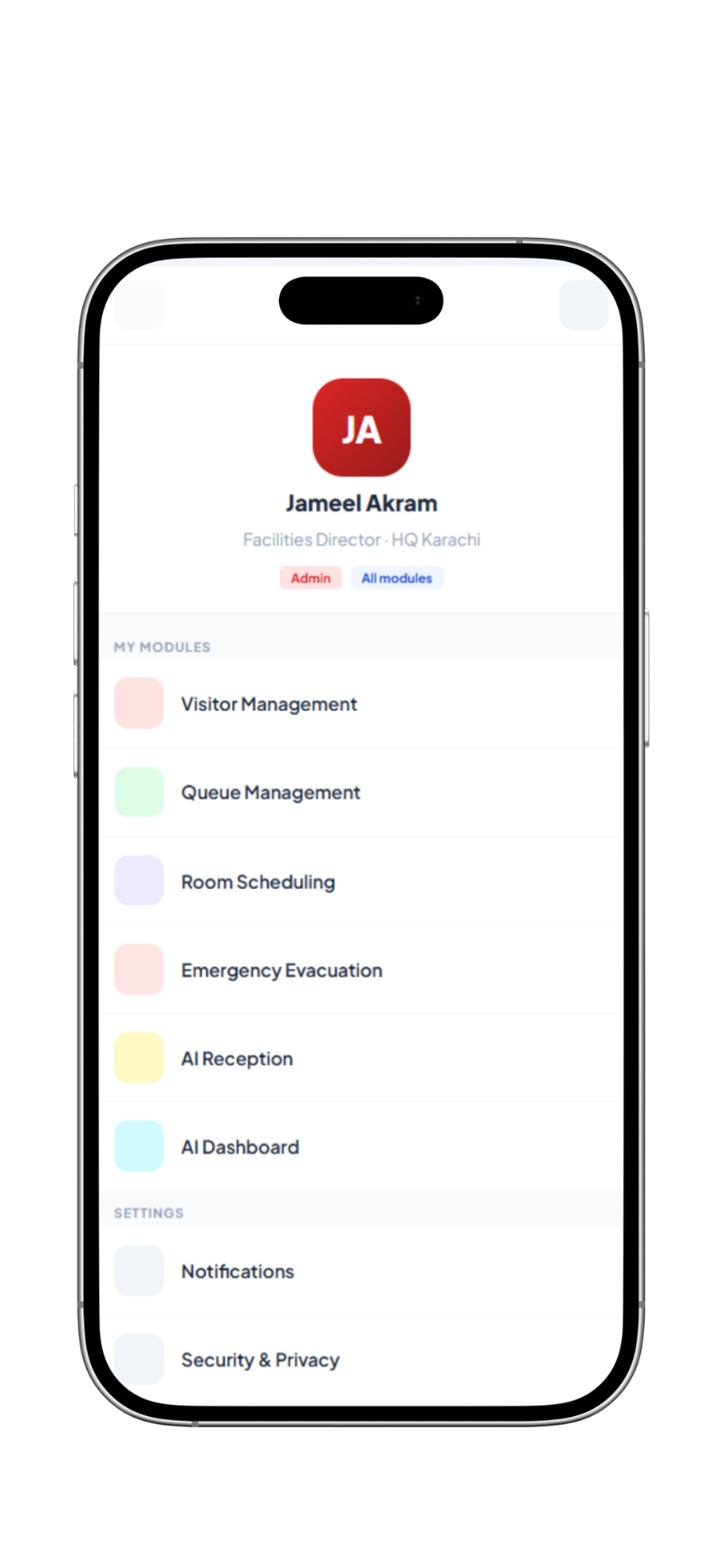 VnQue mobile app user registration screen – Facility platform onboarding Pakistan UAE
