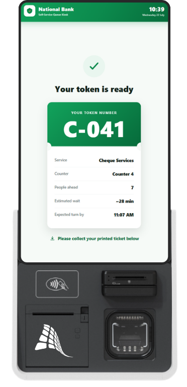 VnQue QMS kiosk screen – Customer-facing token issuance display Pakistan UAE