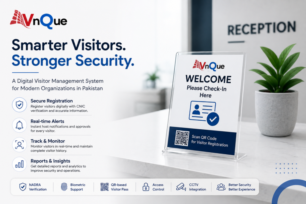 VnQue visitor management software dashboard in Pakistan