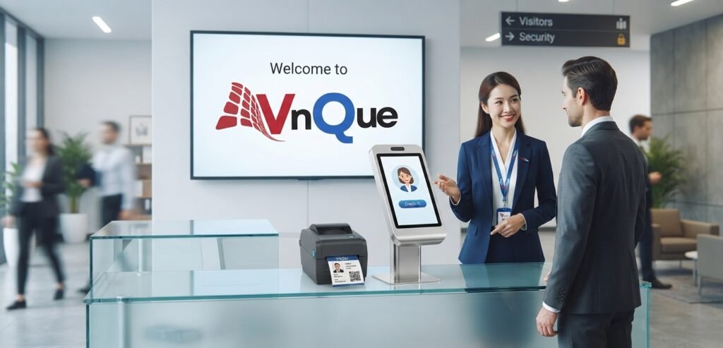 VnQue digital visitor management system check-in desk with receptionist assisting a visitor, featuring a self-service kiosk, ID scanner, badge printer, and a large screen displaying the VnQue logo in a corporate lobby.